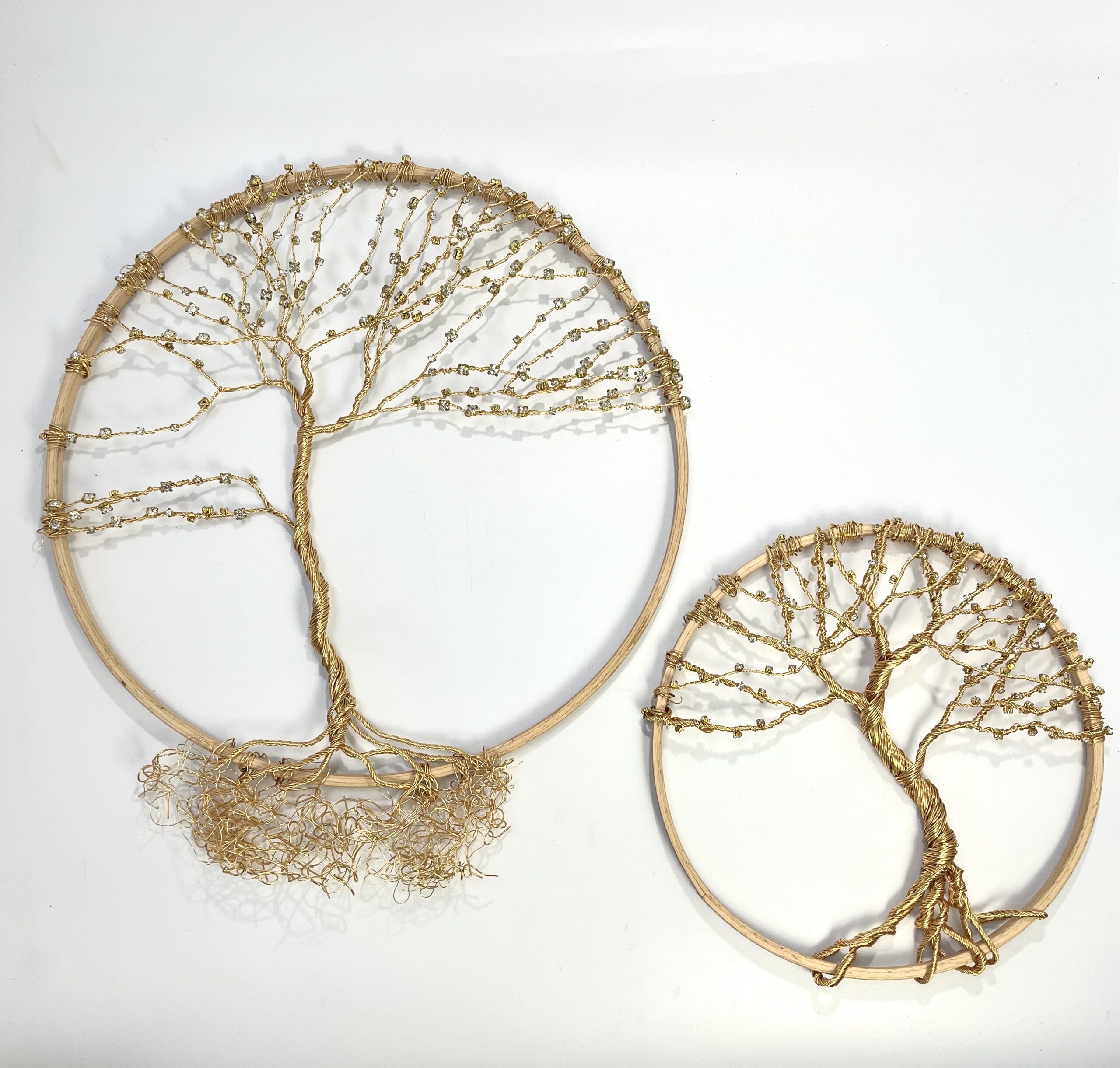 Gilt and Diamante Tree of Life Wall Art Sculpture in wooden frames 12 inch and 8 inch Pair