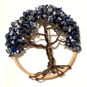 6 inch Antique Bronze and Lapis Lazuli Tree of Life wall art sculpture in a wooden frame