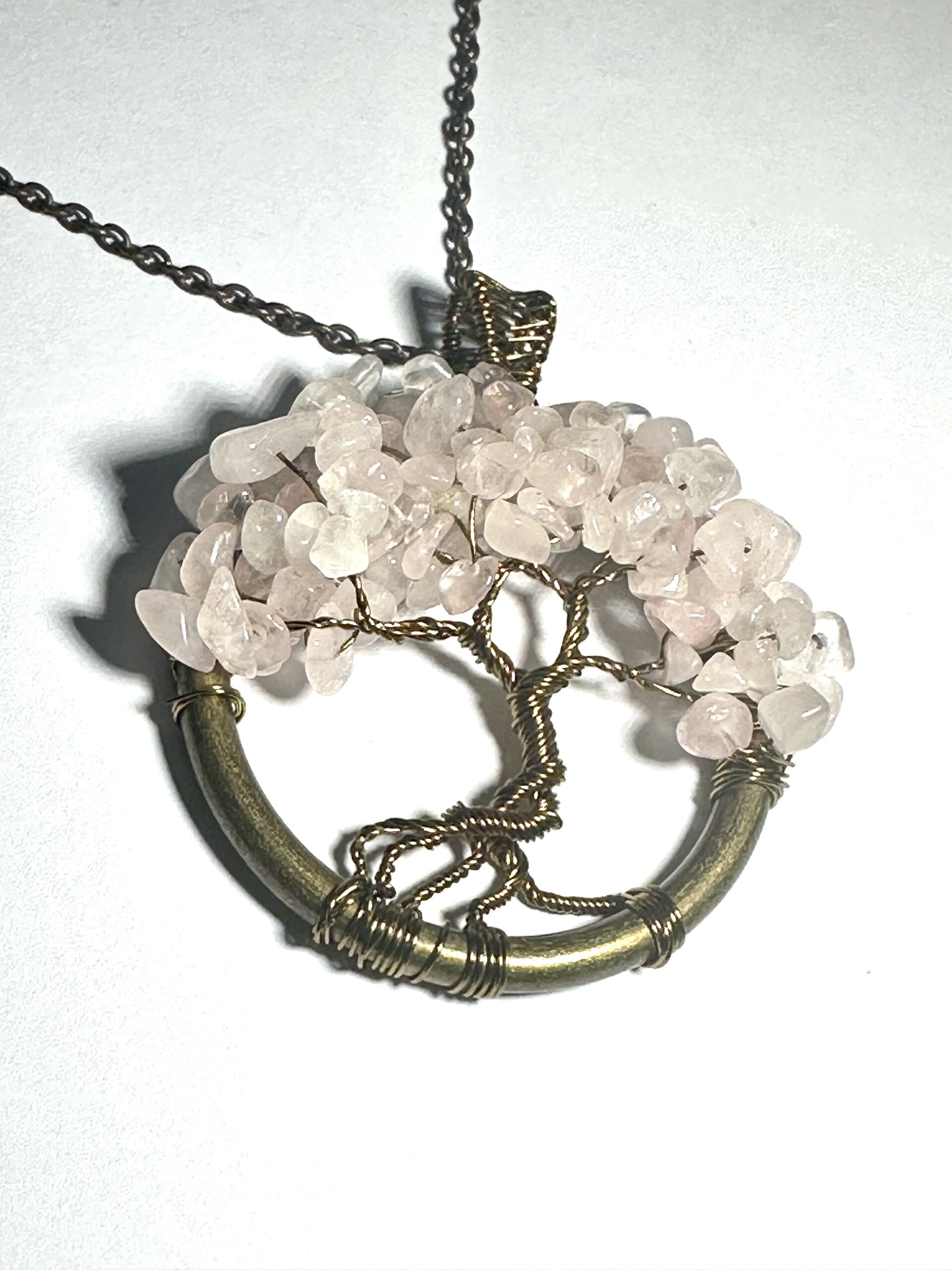 Antique Bronze and rose quartz tree of life pendant