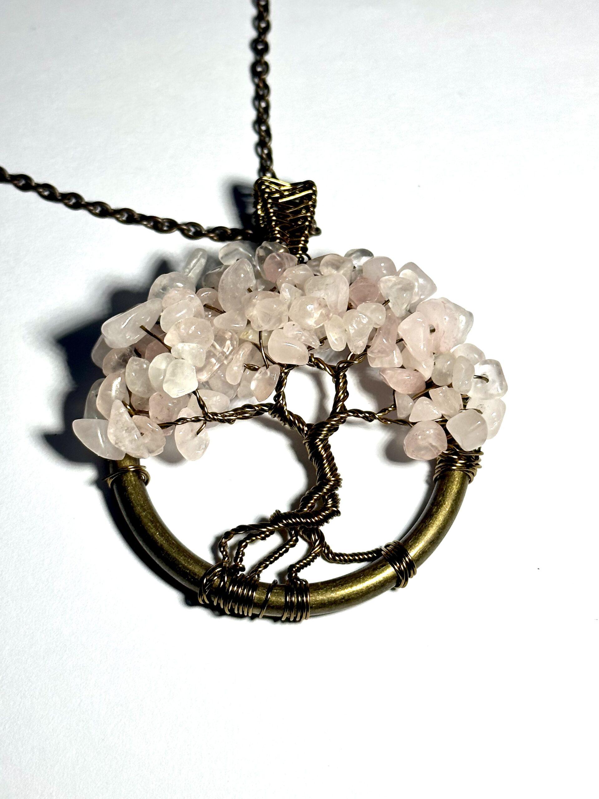 Antique Bronze and rose quartz tree of life pendant - Image 3