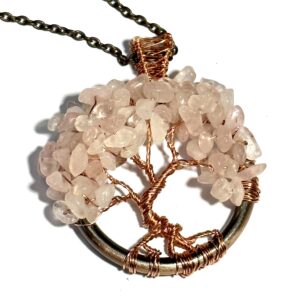 Copper and rose quartz tree of life pendant